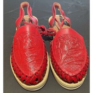 Mexican Huaraches Women Sandals Size 10 Red Rose Design Leather